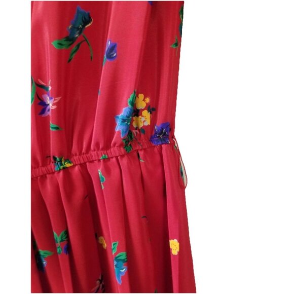 Leslie Fay Petite Vtg Red Purple Floral Belted Pleated Midi Dress Sz 10 Modest - Picture 4 of 10